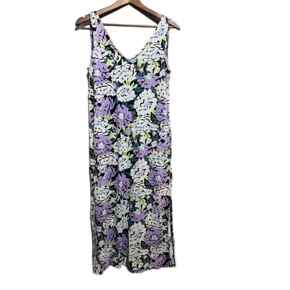 JoySpun Floral Maxi Dress Women Small S Purple Green Excellent V-Neck Sleeveless